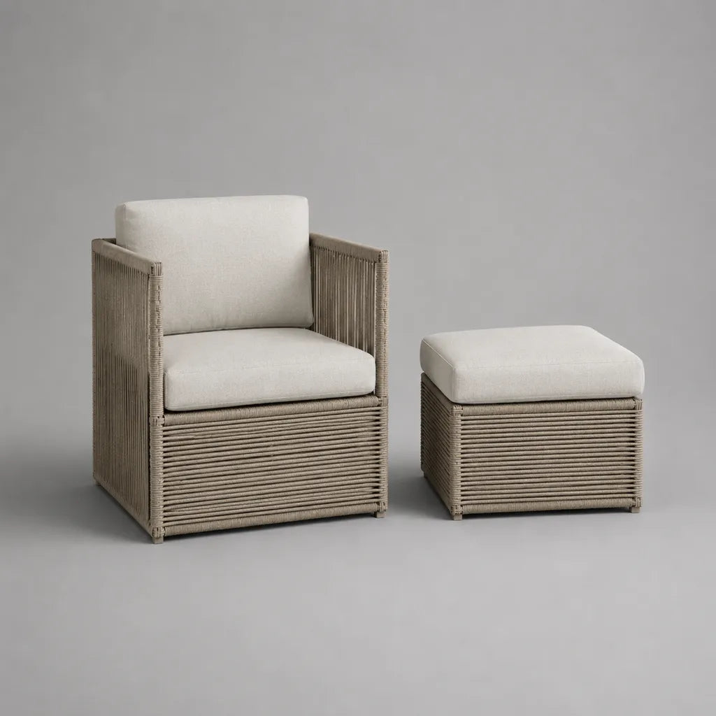 Ensemble de jardin 2 pièces en aluminium, corde de polypropylène beige et tissu écru – fauteuil 73 × 67 × 79 cm et repose-pieds 48 × 58 × 42 cm