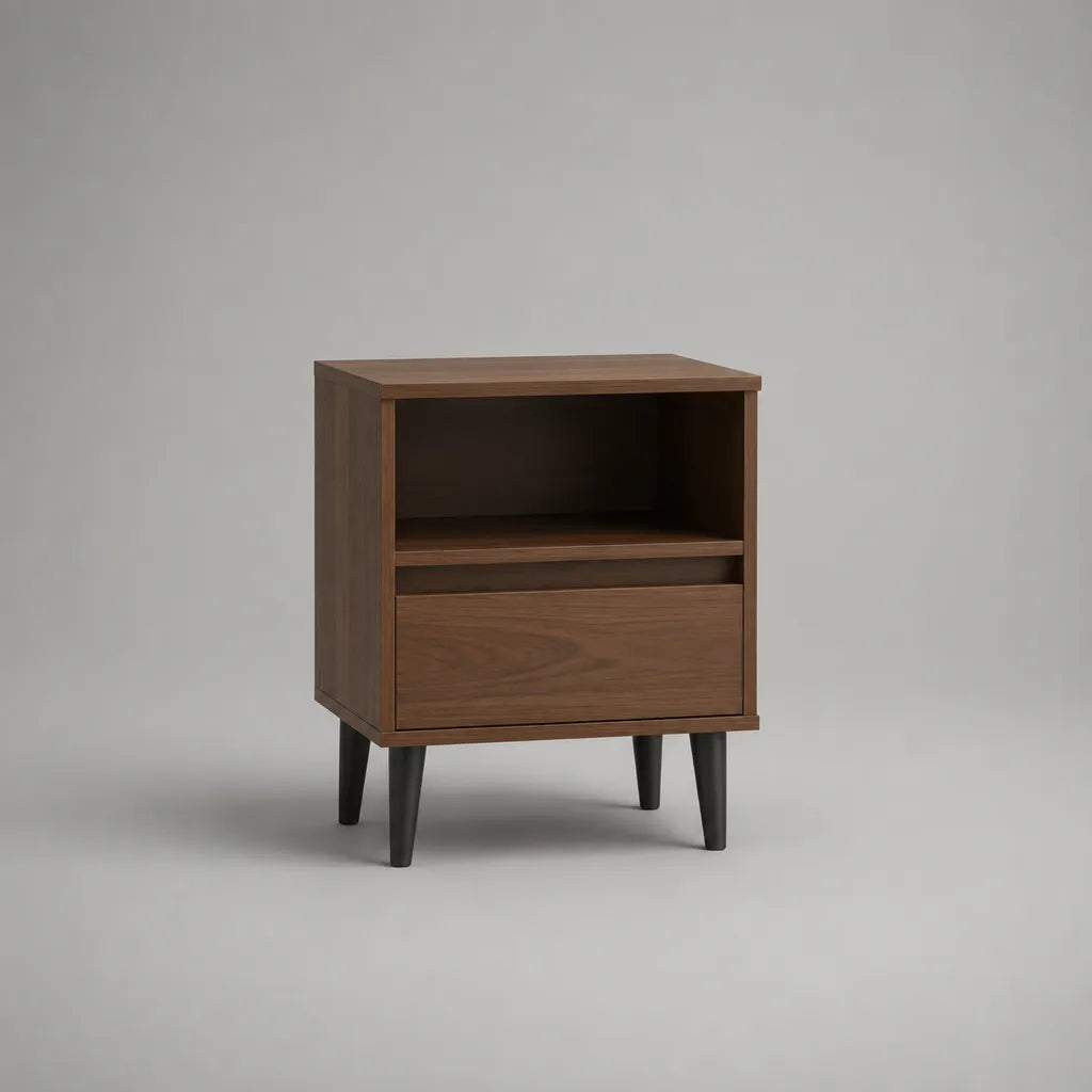 Table de chevet rectangulaire en MDF plaqué noyer avec tiroir et niche, brun noyer et noir, 45 × 40 × 60 cm