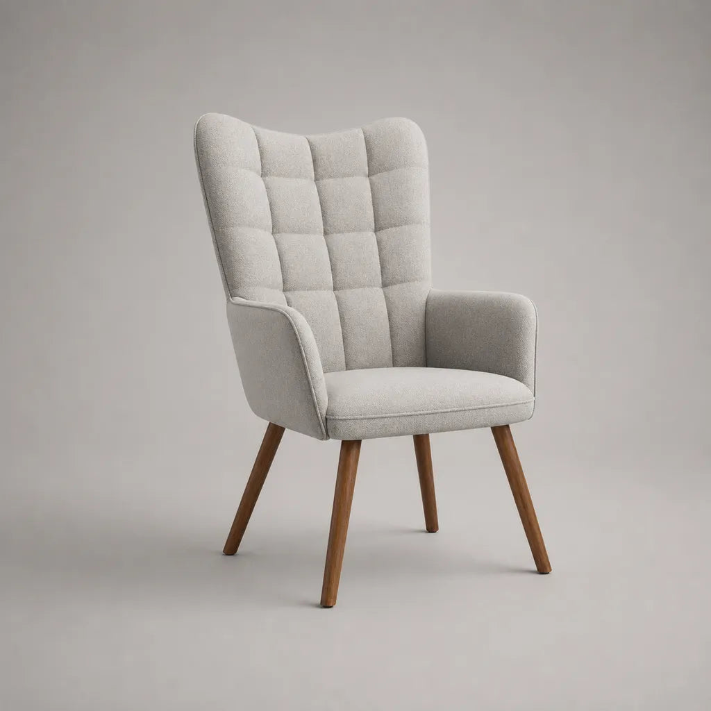 Fauteuil à dossier haut capitonné en tissu écru et bois marron, 71 × 78 × 102 cm