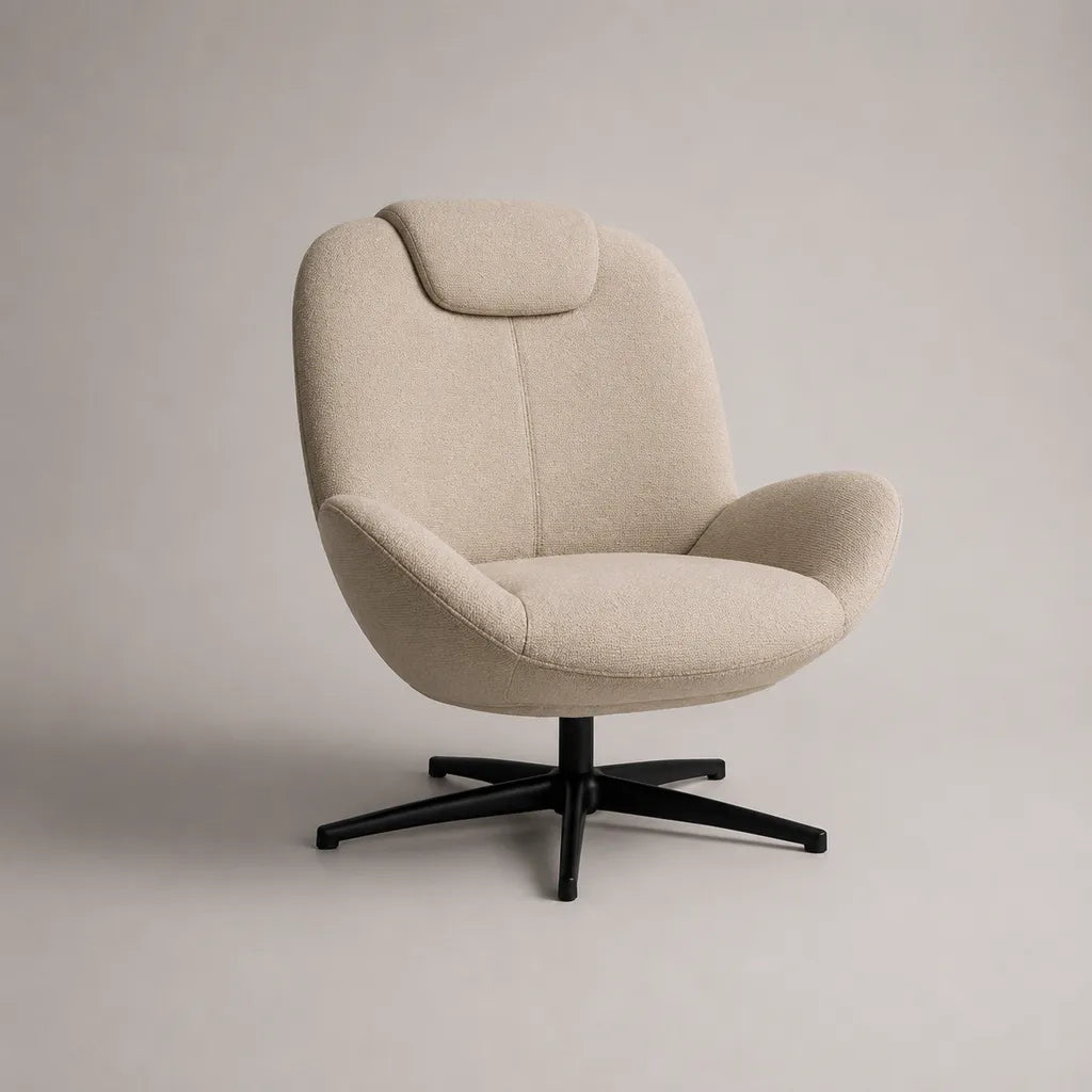 Fauteuil pivotant enveloppant en tissu bouclé beige et métal noir, 78 × 82 × 96 cm