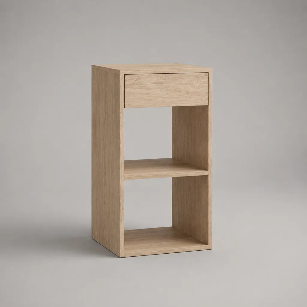 Table de chevet haute rectangulaire en panneaux de particules mélaminés, chêne naturel, 35 × 30 × 65 cm