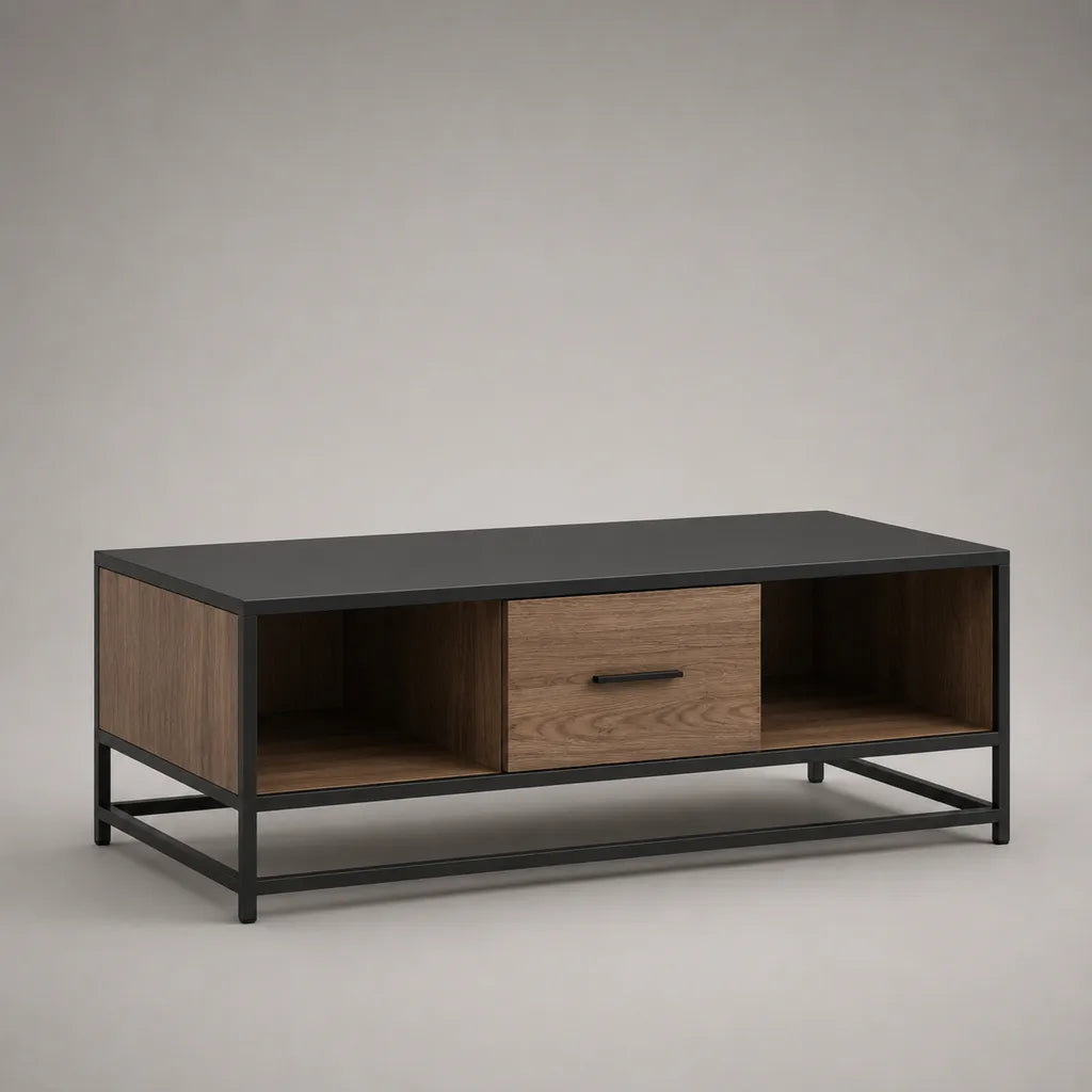 Table basse rectangulaire avec tiroir et 2 niches en panneaux de particules mélaminés et acier, noir et chêne brun, 110 × 55 × 45 cm