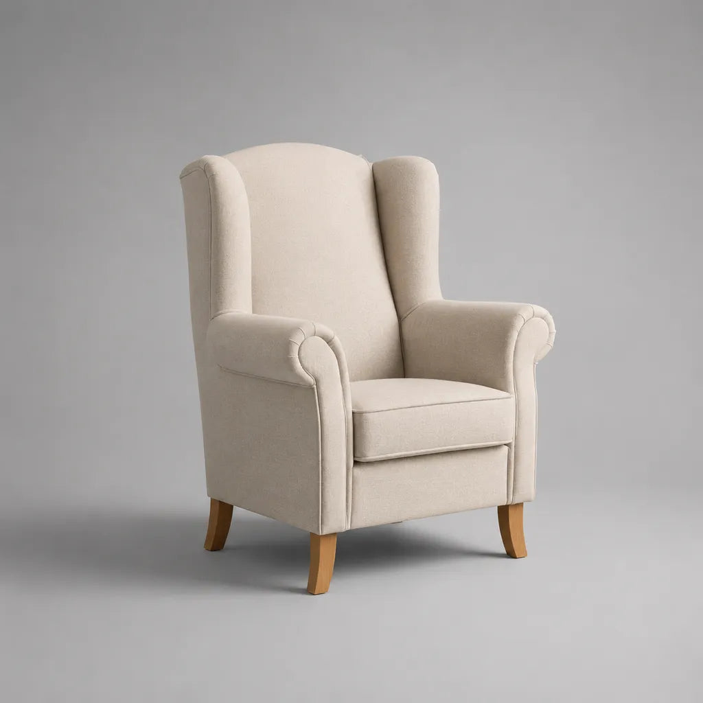 Fauteuil à oreilles en tissu écru avec pieds en bois, 75 × 82 × 105 cm