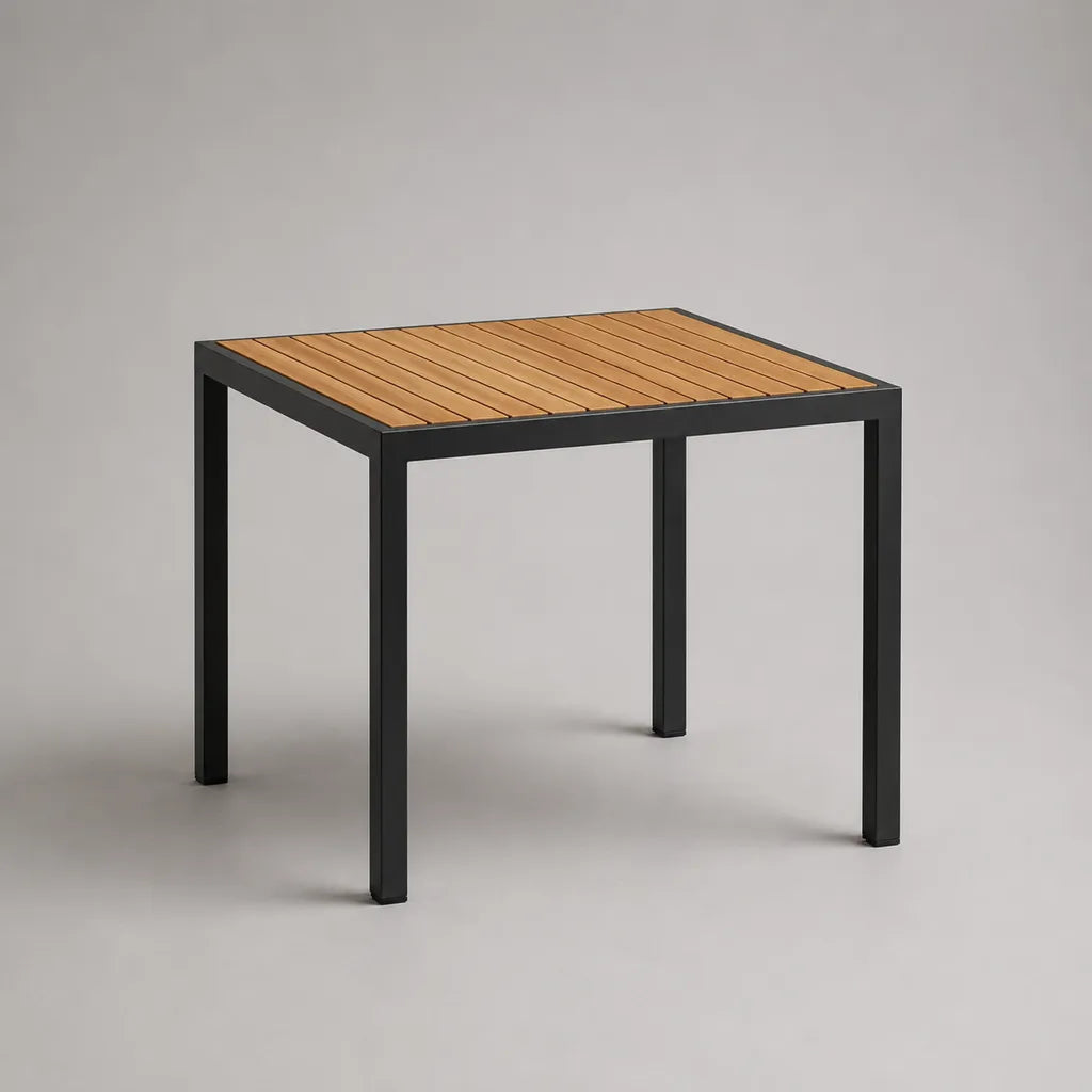 Table de jardin carrée en acacia massif et acier, marron naturel et noir, 80 × 80 × 75 cm
