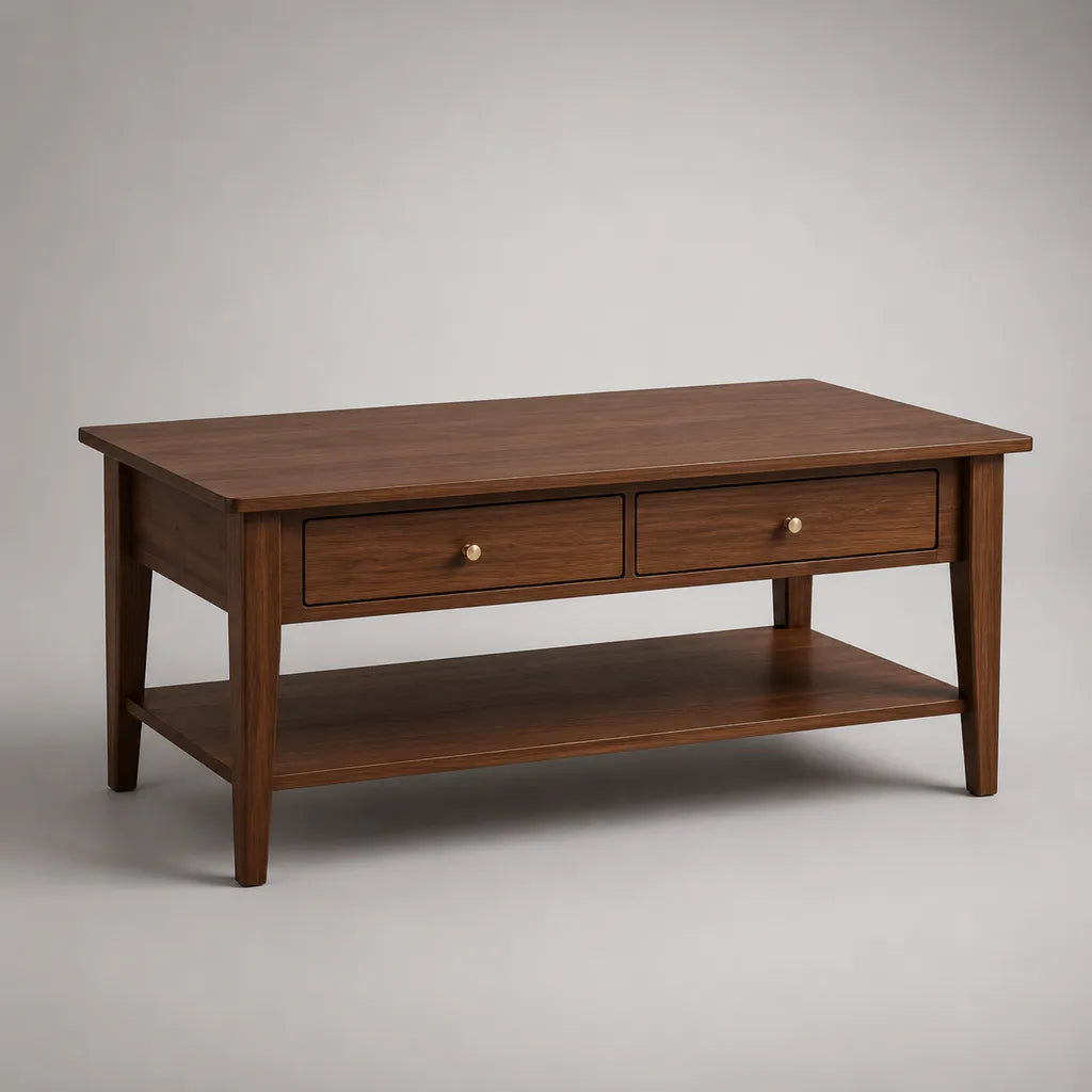 Table basse rectangulaire à 2 tiroirs et tablette en bois marron noyer, 110 × 60 × 50 cm