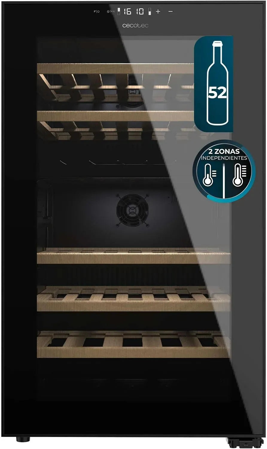 Cecotec Bolero GrandSommelier Duo Cave à vin électrique, 52 bouteilles, 2 zones de température, silencieux, noir, Écran LED Intérieur