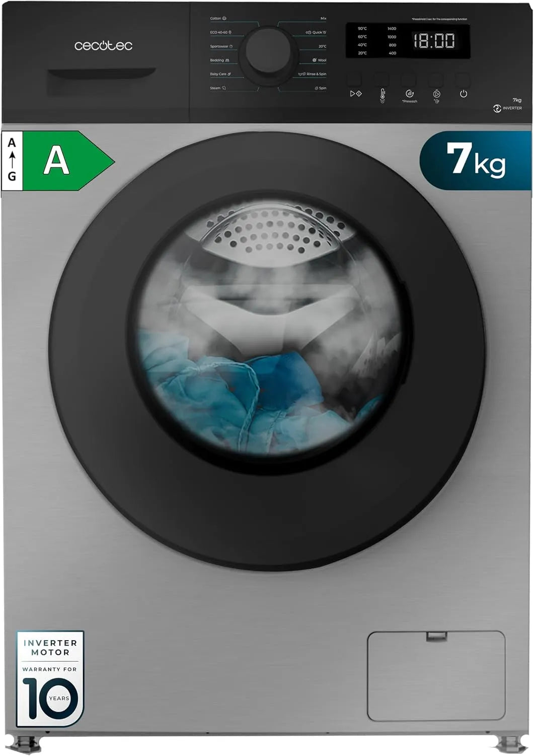 Cecotec Bolero DressCode 7150 Lave-linge, 12 programmes, 7 kg, classe énergétique A, verrouillage, Inverter, Steam Max, 1400 tr, min, Drum Clean