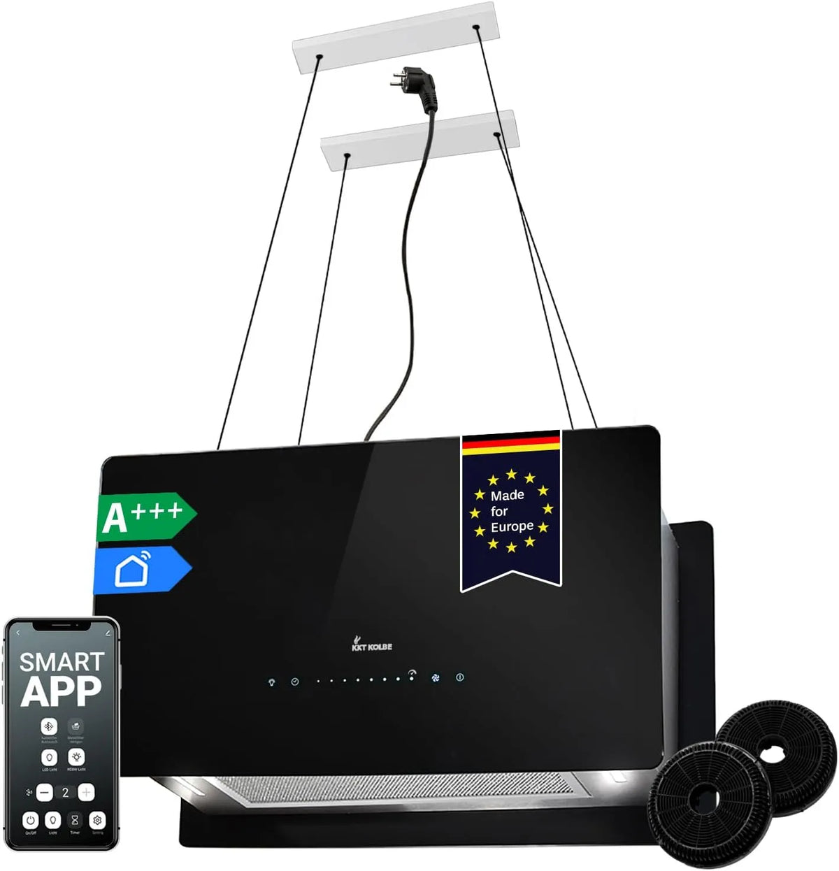 Hotte aspirante CUBE60S, 60 cm, hotte de cuisine, tactile, acier inoxydable, noir, Hotte Îlot, verre noir