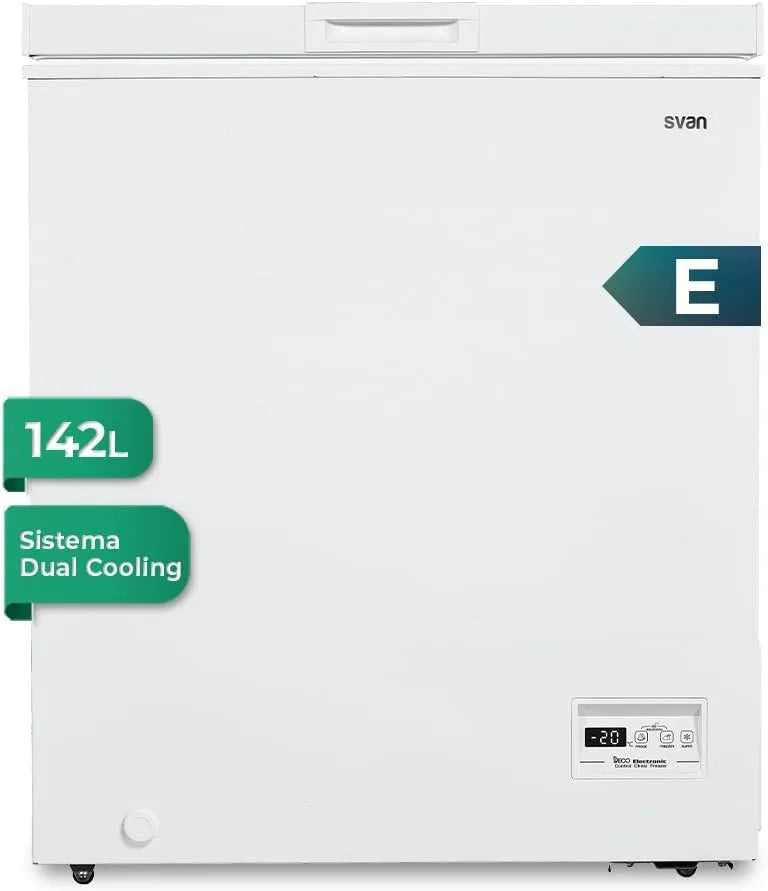 modèle SCH1501EDC, Svan Congelador horizontal Blanco SCH1501EDC. Capacidad 142 Litros, 1 Cesta, Dual Cooling, Bajo nivel Sonoro, Eficiencia Energética