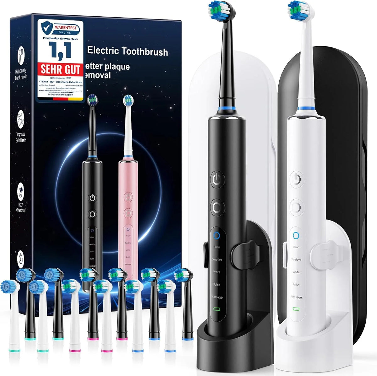 IPX7 brosse, brosse à dents rechargeable, IP65, 5 modes, pour adultes et enfants