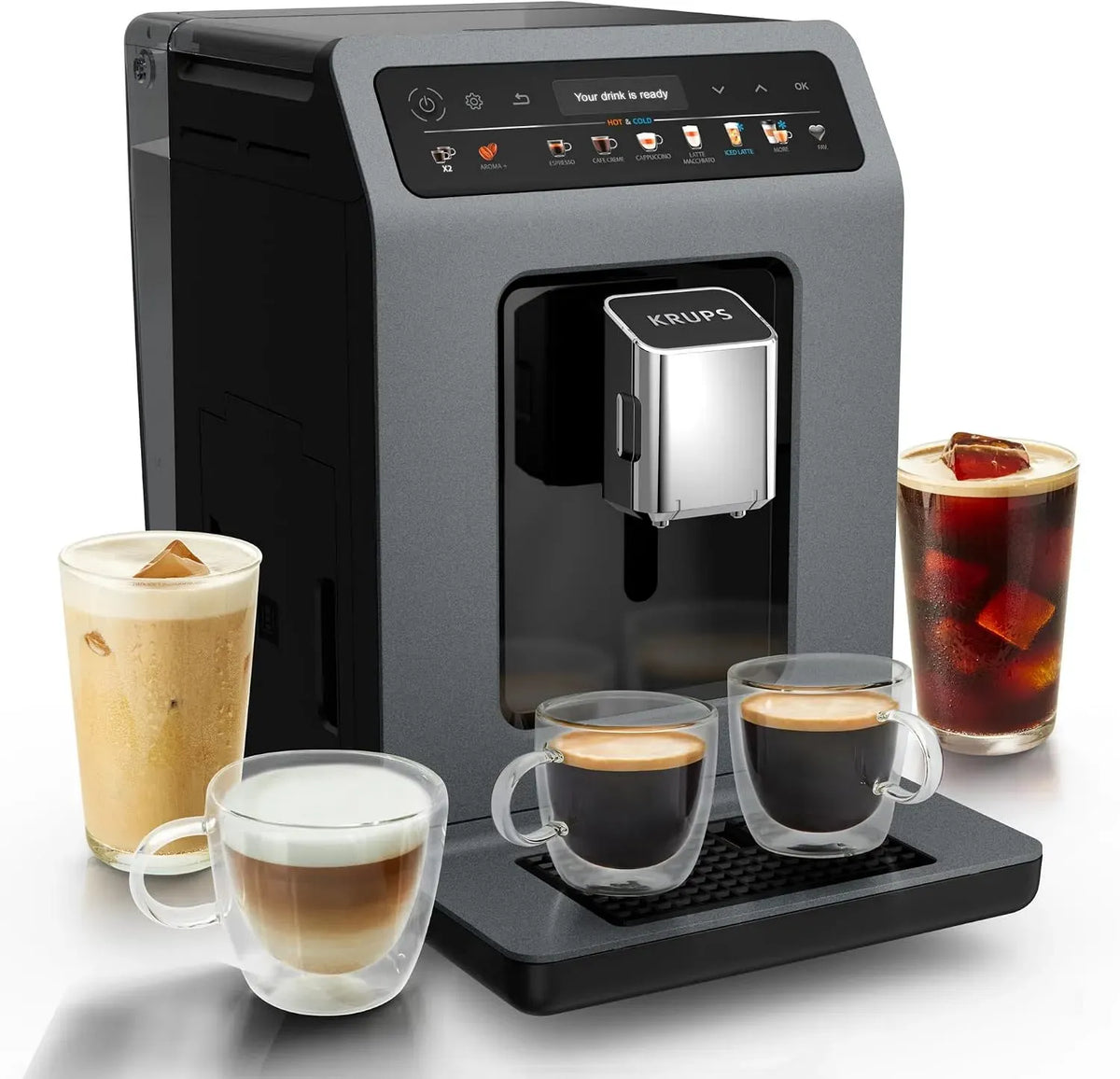 Krups Machine à café automatique, tactile, gris, 18 recettes chaudes et froides, 15 bars, Système One-Touch