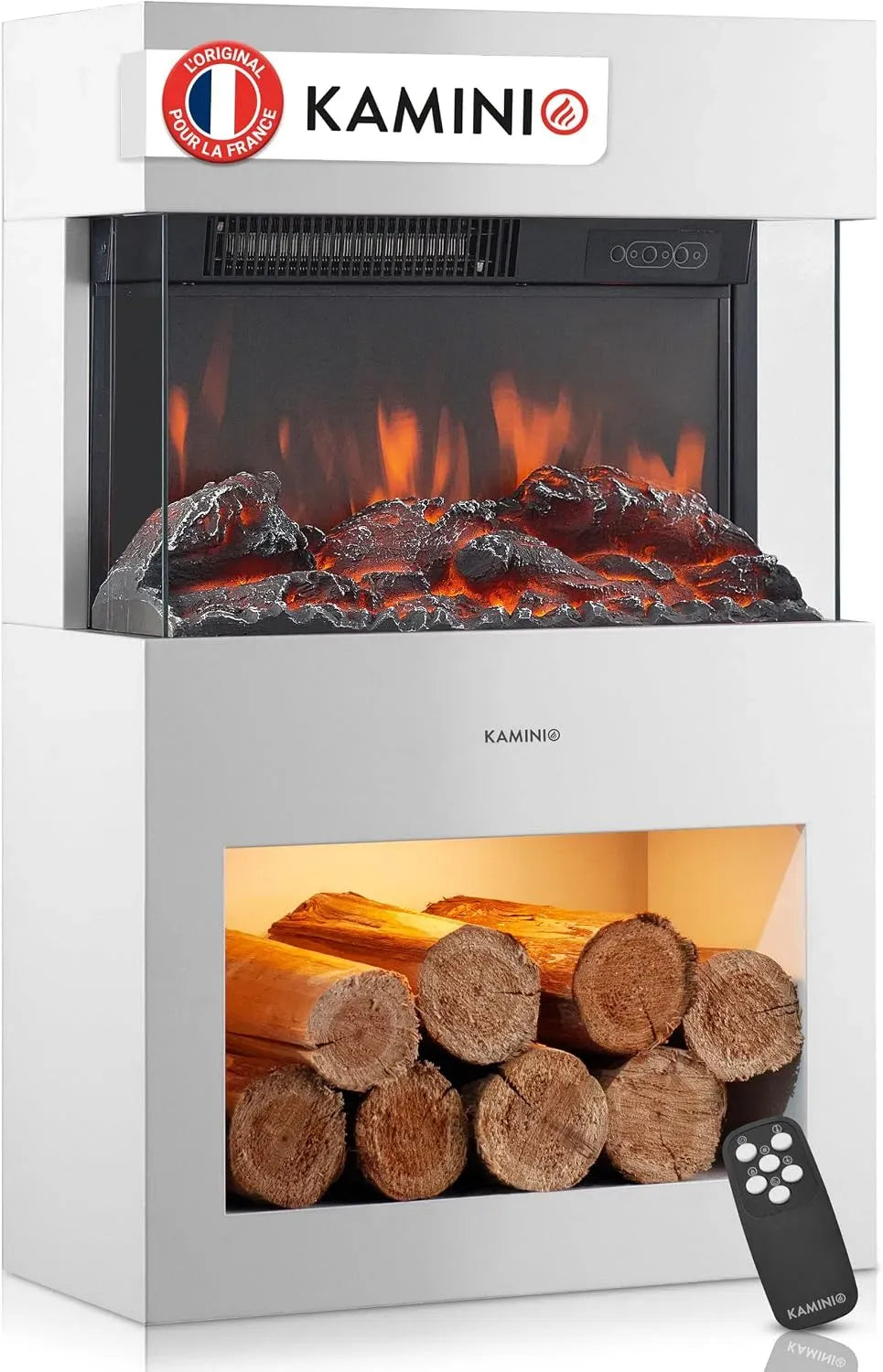 Ustensile de cuisson, minuteur, thermostat, effet 3D, compartiment éclairé par LED, KAMINIO® Henri Cheminée électrique avec Chauffage Blanche