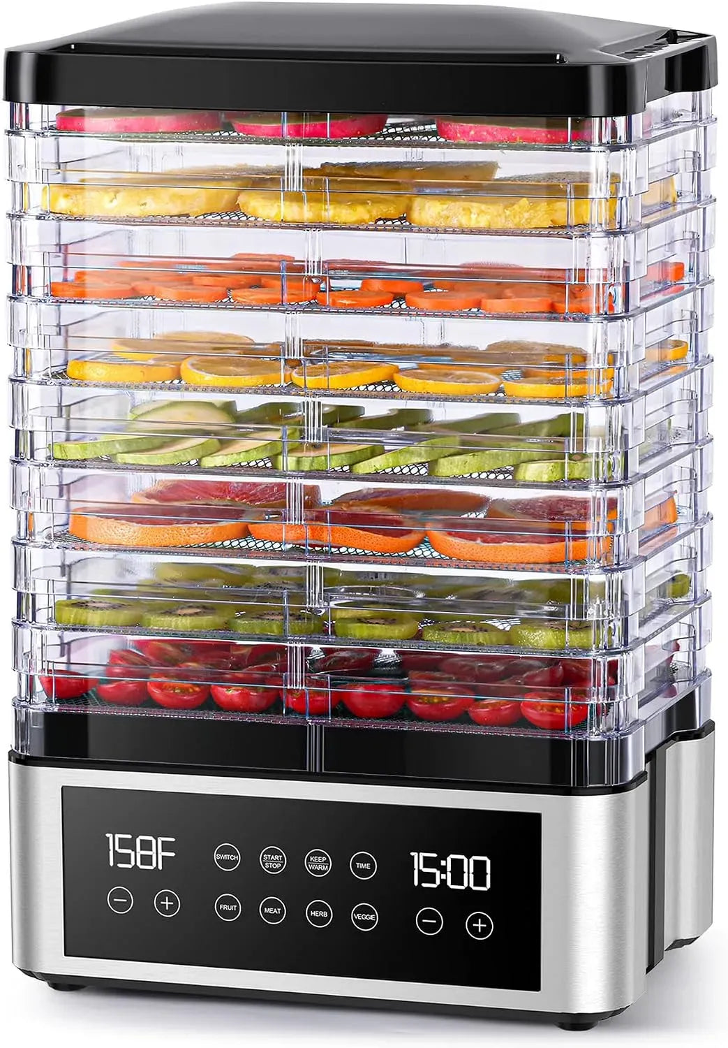 48H déshydrateurs pour menthe, fruits, Déshydrateur alimentaire à 8 plateaux en acier inoxydable avec minuterie numérique réglable et contrôle de la