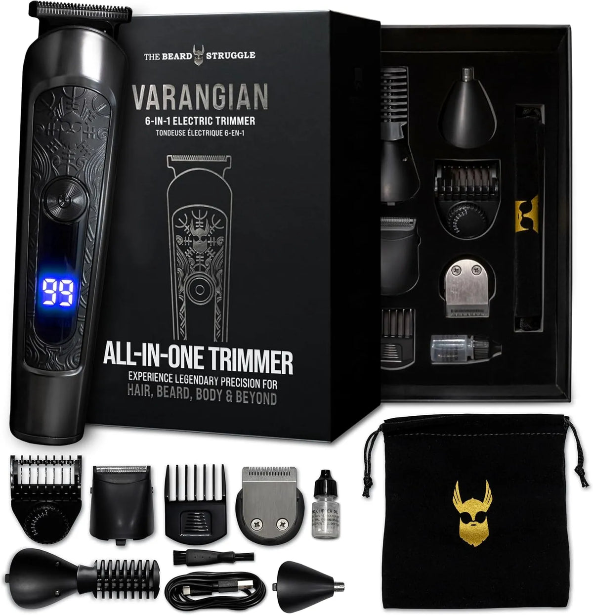 sans fil, corps et au-delà, The Beard Struggle Varangian Tondeuse à barbe 6 en 1 pour cheveux, lame réglable de 17 longueurs avec affichage LED
