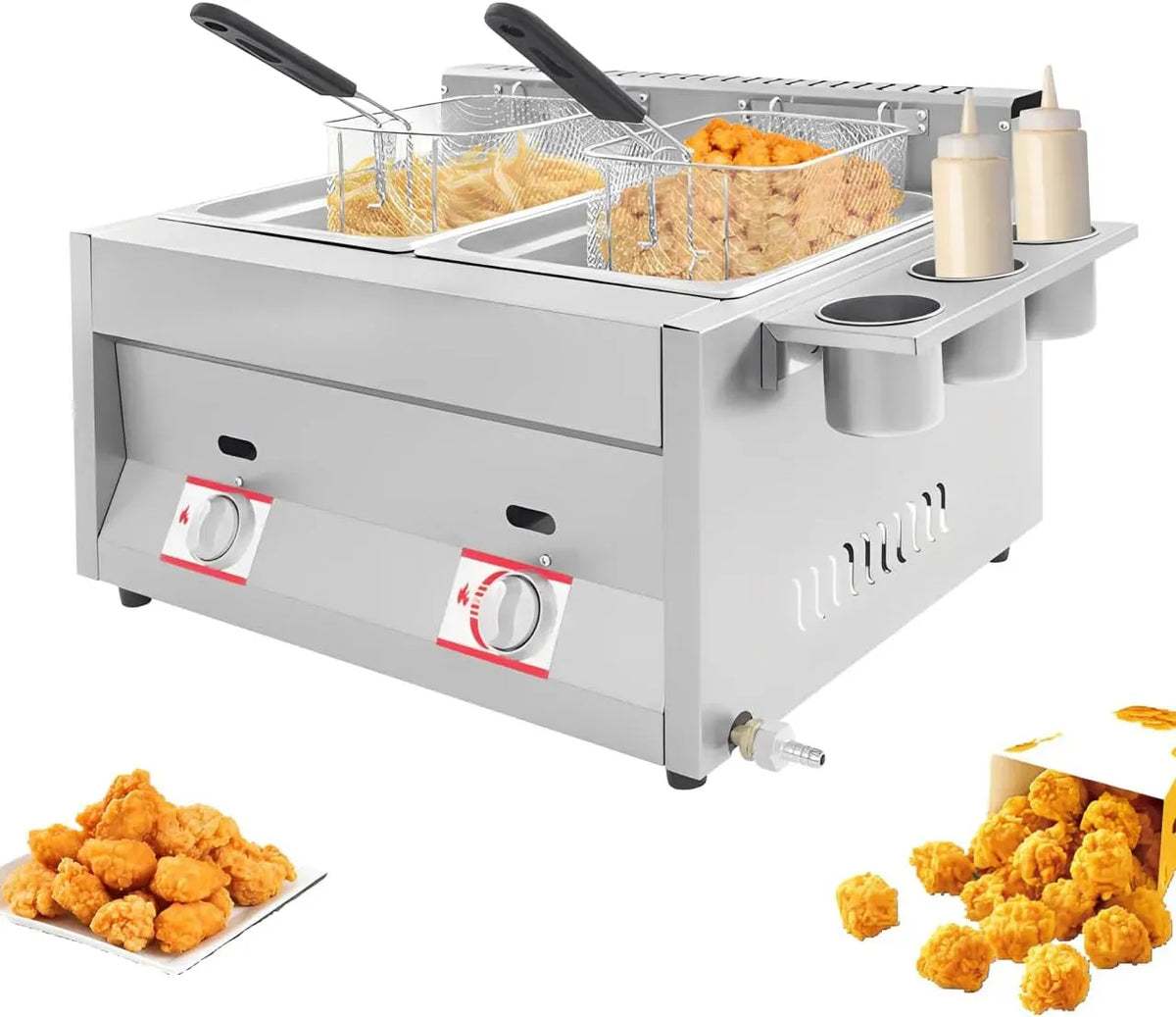 les fêtes, pour Double friteuse à gaz professionnelle en acier inoxydable, etc, avec plage de température de 50 à 380 °C, avec 3 gobelets à épices