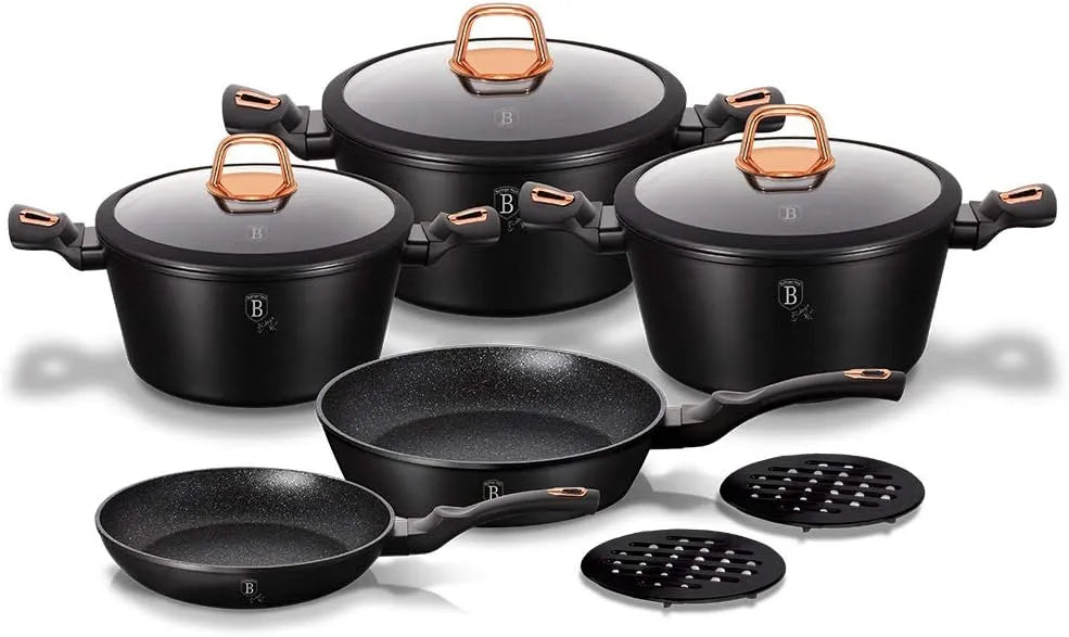 Batterie, batterie de casseroles et poêles, revêtement antiadhésif, 10 Pièces, noir, Cuisine de 10 Pièces Collection Black R
