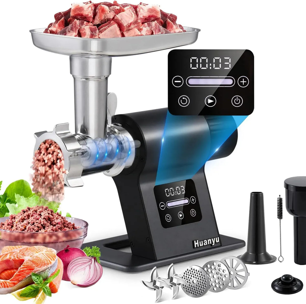 Machine, tactile, pour hacher la viande avec 2 lames de coupe et 3 plaques
