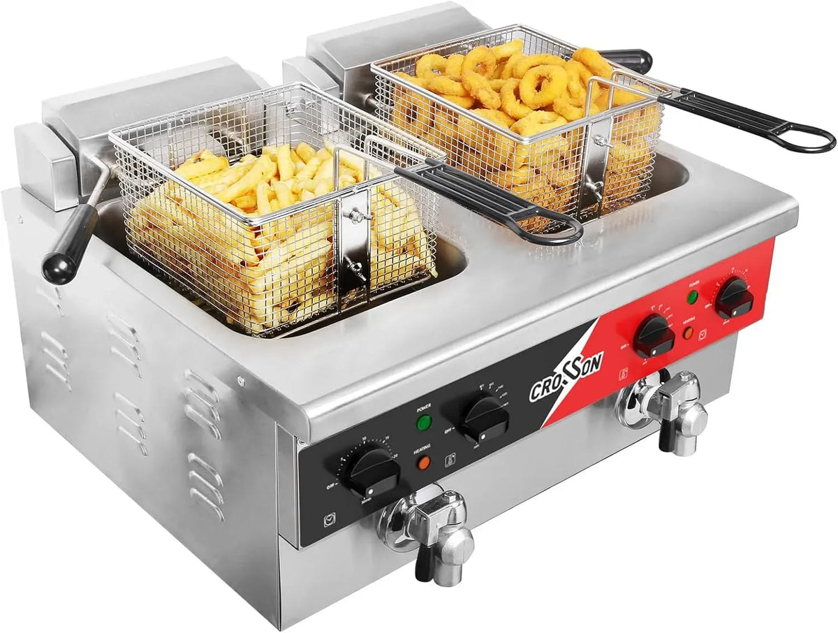 EF 6V 6V-2 Friteuse électrique CROSSON équipé de deux réservoirs, drain, panier fixe et couvercle pour restaurant et domestique Friteuse commerciale