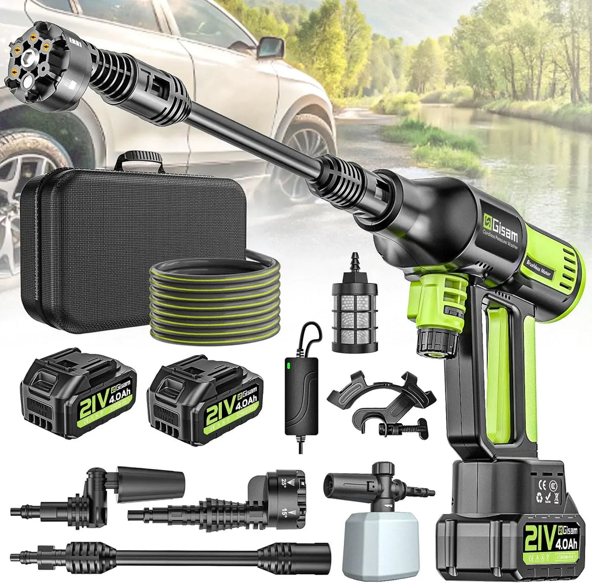 Nettoyeur haute pression, 120 Bar avec 2 Batteries 4,0 Ah, buse rotative 6 en 1 et 180 °, Tuyau De 5 M