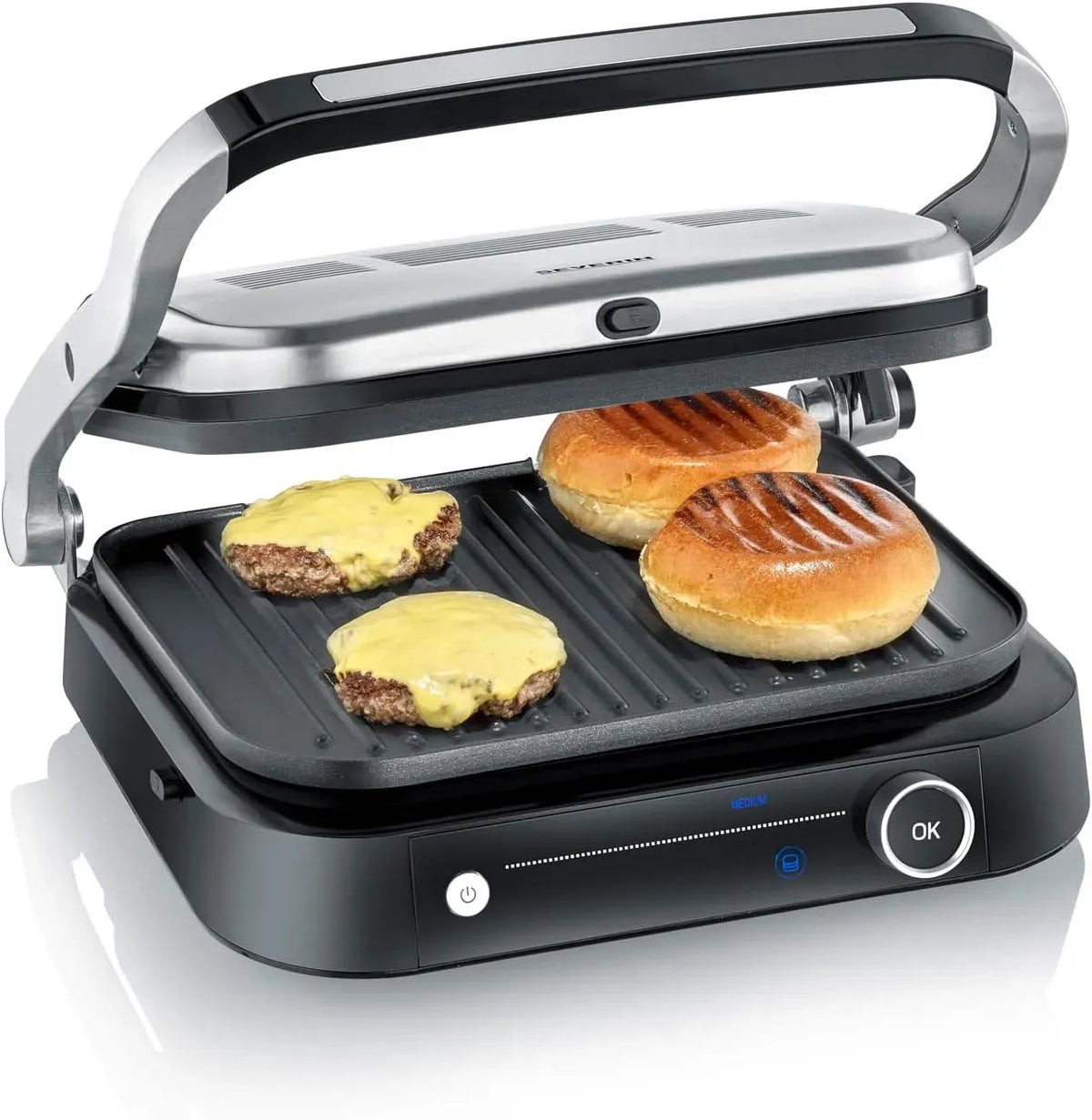 Severin KG 2395 Gril électrique multifonction pour légumes, steaks et paninis, Multi-gril viande 7 programmes automatiques, 1 800 W, Gril viande avec