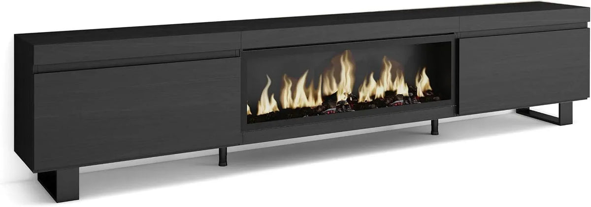Meuble TV, 267x57x35 cm, industriel, noir, Cheminée électrique XXL, TV Grand Format