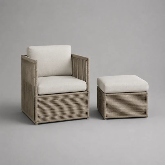 Ensemble de jardin 2 pièces en aluminium, corde de polypropylène beige et tissu écru – fauteuil 73 × 67 × 79 cm et repose-pieds 48 × 58 × 42 cm