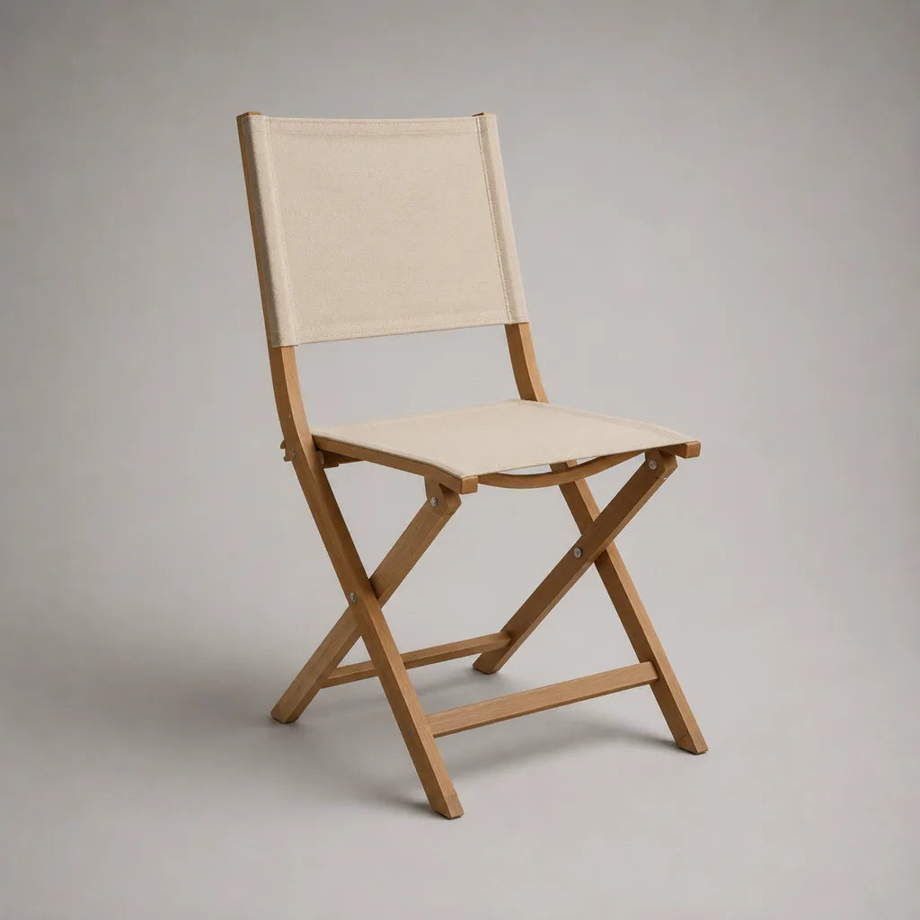 Chaise pliante en hêtre massif et toile polyester écrue – 82 × 46 × 52 cm