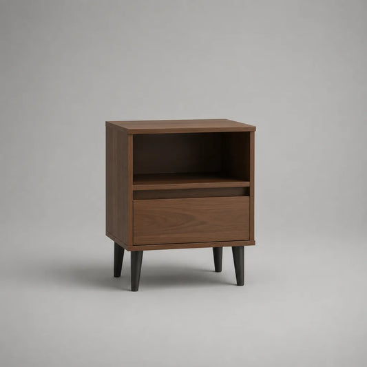 Table de chevet rectangulaire en MDF plaqué noyer avec tiroir et niche, brun noyer et noir, 45 × 40 × 60 cm