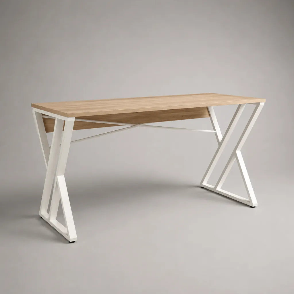 Bureau droit rectangulaire en panneau de particules mélaminé et acier, 120 × 60 × 75 cm, chêne clair et blanc