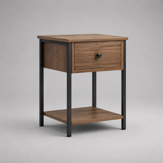 Table de chevet rectangulaire en panneau de particules et acier avec tiroir et étagère, marron noyer et noir, 40 × 40 × 60 cm