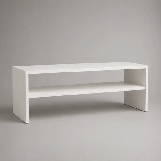 Table basse rectangulaire blanche en panneaux de particules avec étagère, 90 × 45 × 40 cm