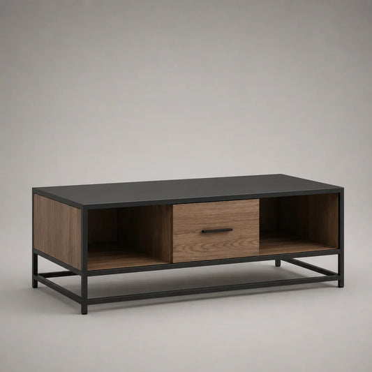 Table basse rectangulaire avec tiroir et 2 niches en panneaux de particules mélaminés et acier, noir et chêne brun, 110 × 55 × 45 cm