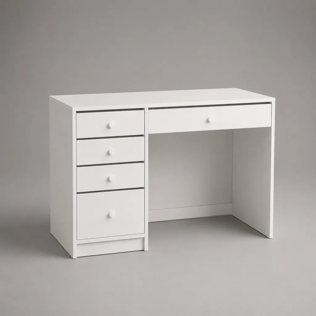 Bureau droit blanc avec 5 tiroirs en panneaux de particules mélaminés, 100 × 50 × 75 cm