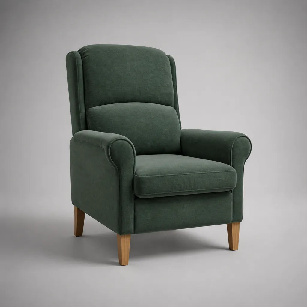 Fauteuil 1 place à dossier haut en velours polyester vert foncé avec pieds en hévéa massif, 78 × 84 × 103 cm