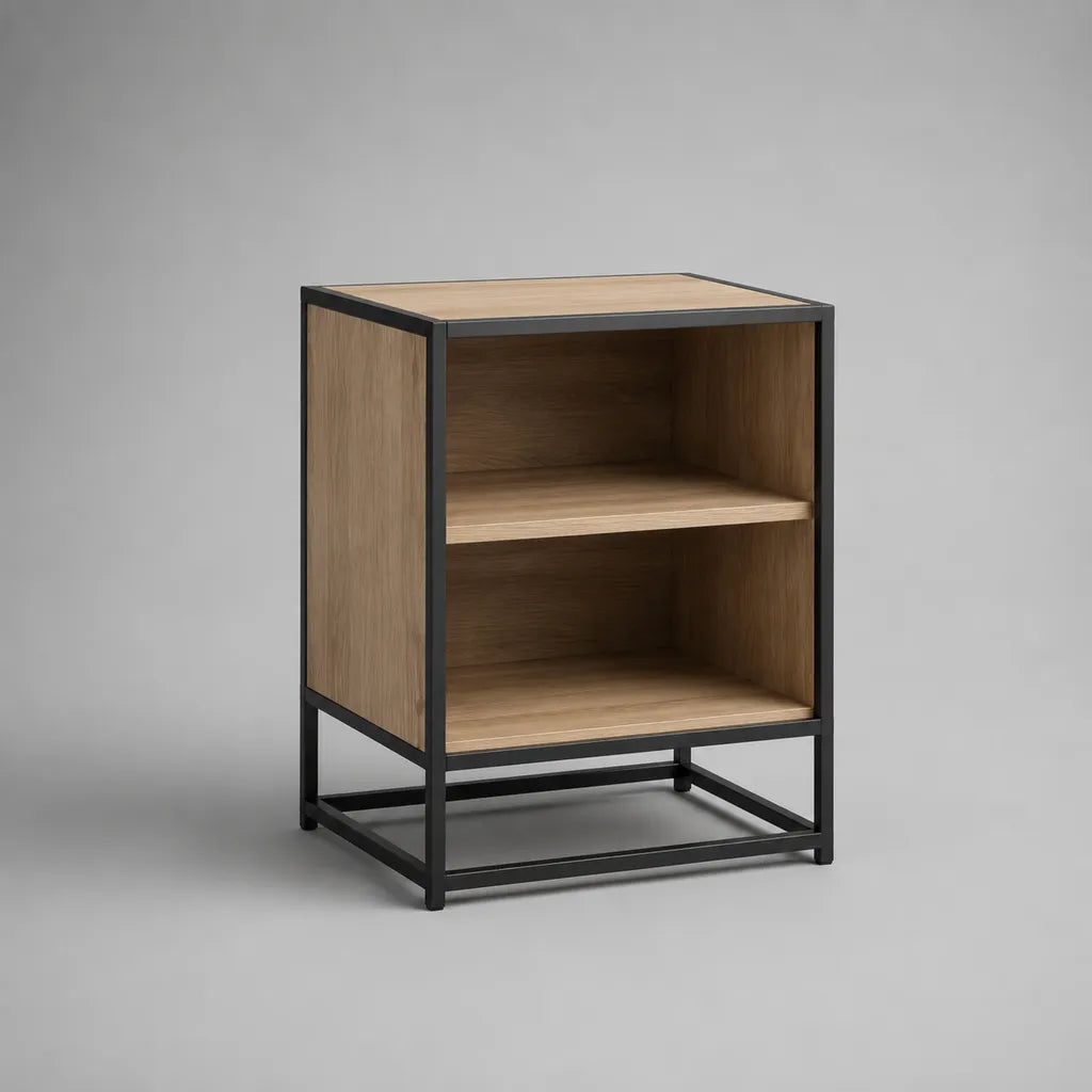 Table de chevet avec 2 niches ouvertes en panneaux mélaminés et acier, chêne naturel et noir, 45 × 40 × 60 cm