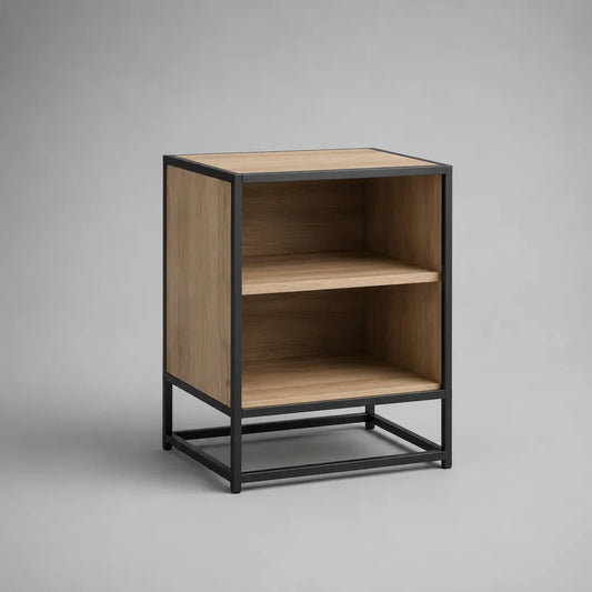 Table de chevet avec 2 niches ouvertes en panneaux mélaminés et acier, chêne naturel et noir, 45 × 40 × 60 cm