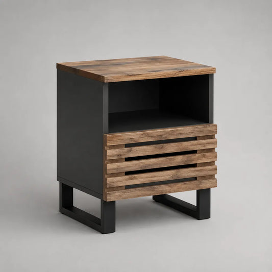 Table de chevet rectangulaire en bois et métal avec tiroir ajouré et niche, brun et noir, 45 × 40 × 60 cm