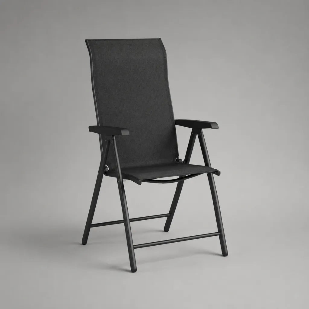 Chaise pliante inclinable d’extérieur en acier et maille polyester noire, 58 × 68 × 110 cm