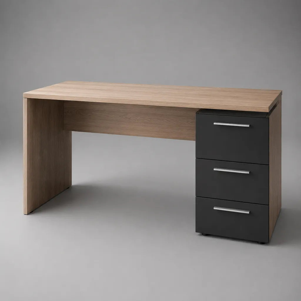 Bureau rectangulaire avec caisson à 3 tiroirs en panneaux de particules mélaminés, chêne clair et noir, 120 × 60 × 75 cm