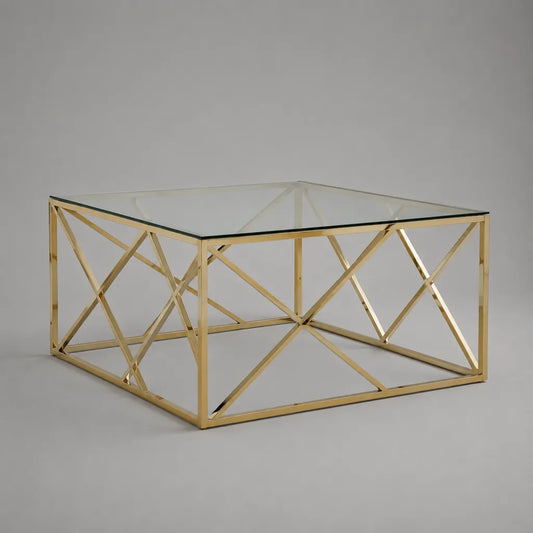 Table basse carrée en verre trempé et acier inoxydable doré, 80 × 80 × 45 cm, transparente et dorée