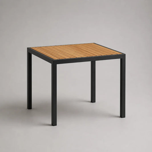Table de jardin carrée en acacia massif et acier, marron naturel et noir, 80 × 80 × 75 cm