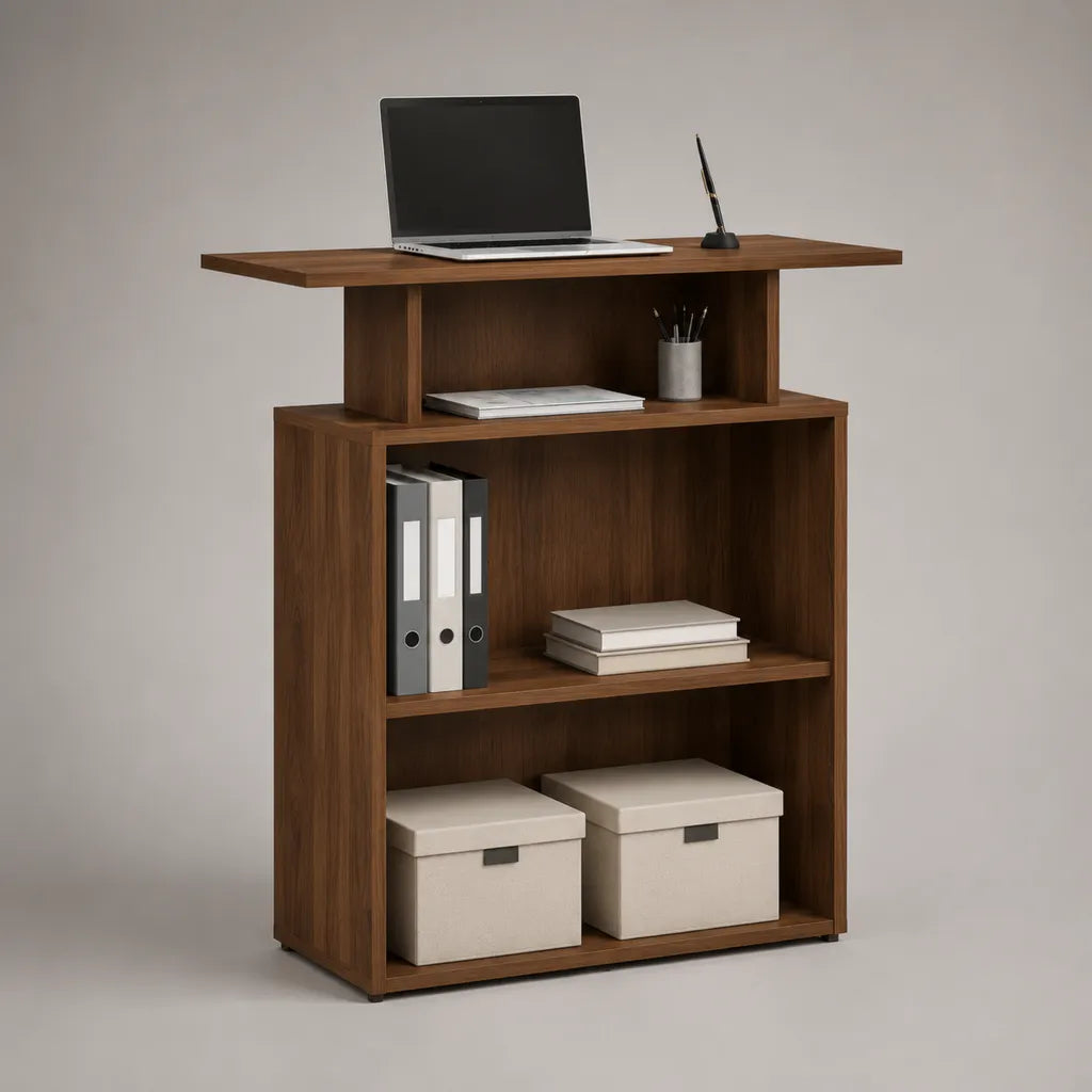 Bureau debout avec bibliothèque en panneaux de particules, finition noyer, 100 × 48 × 120 cm