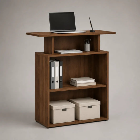 Bureau debout avec bibliothèque en panneaux de particules, finition noyer, 100 × 48 × 120 cm