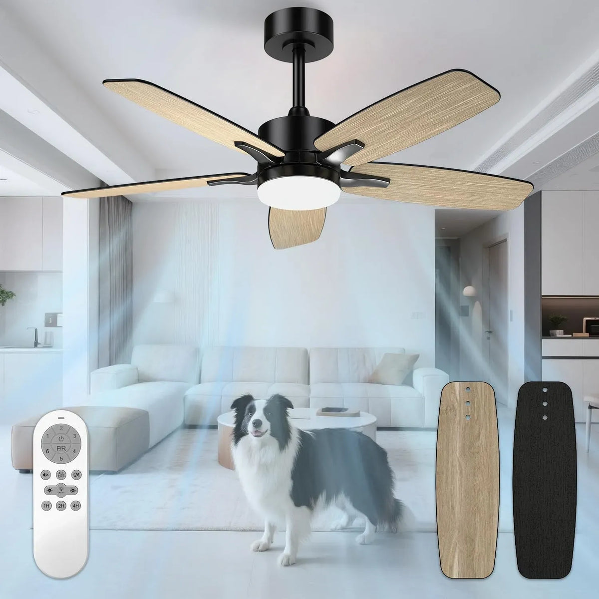 Ventilateur 3CCT, éclairage LED, décoration de salon, silencieux, noir, 2 finitions noir/bois foncé, moteur DC réversible, 6 vitesses