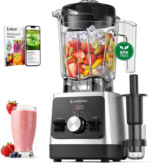 Blender, 2 L, 1800 W, 5 programmes, AMZCHEF, effet 3D, bol Tritan 2 L sans BPA, auto-nettoyage 60 s, écran LED, Mixage 3D homogène, 9 vitesses