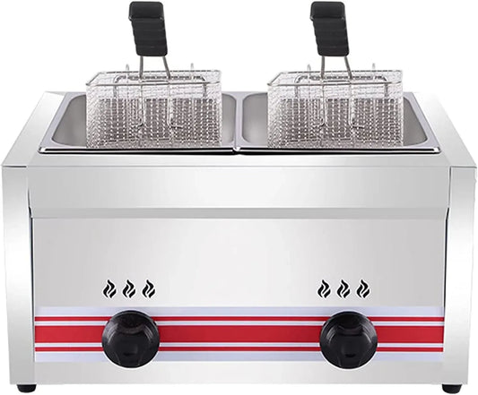 Friteuse commerciale à gaz GPL pour restaurant et cuisine à domicile, Friteuse à double cylindre en acier inoxydable 10 L + 10 L équipé de paniers et