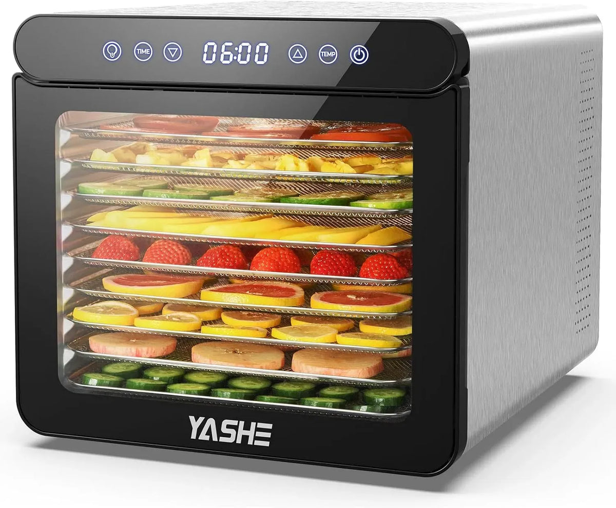 48H Déshydrateur Alimentaire, Température jusqu'à 75℃ et Minuterie, 9 Plateaux en Acier Inoxydable, 9 Tamis en Maille, 800W