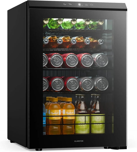 Klarstein Réfrigérateur, 62 L, 1 à 12 °C, tactile, éclairage LED, verre, 2 zones de température, 2 clayettes, Réfrigérateur à boissons avec porte