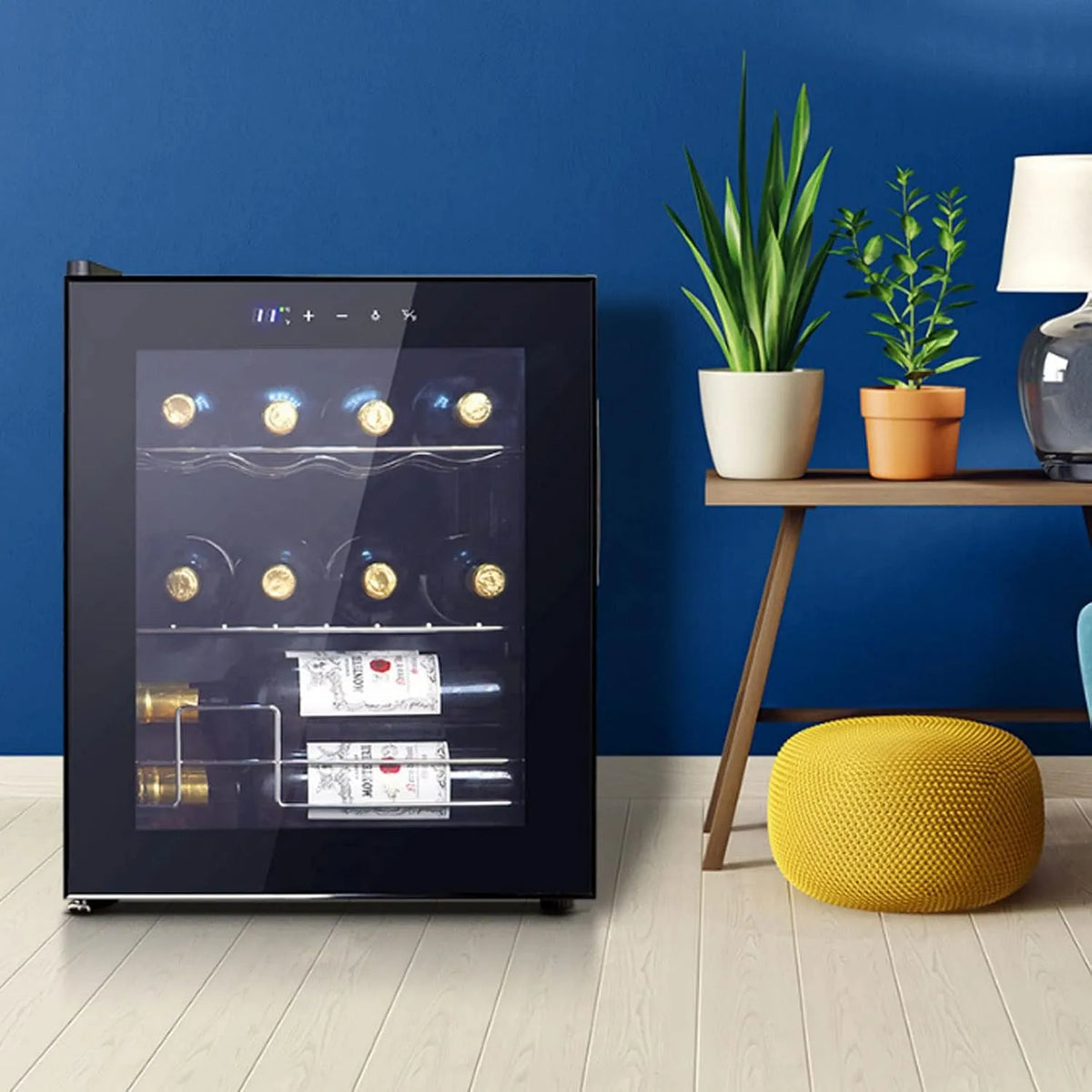 Cave à vin électrique, 48 L, 12 bouteilles, 2 foyers, 5 à 18 °C, verre, encastrable, pose libre, tactile, thermostat, 2 Zones De Refroidissement