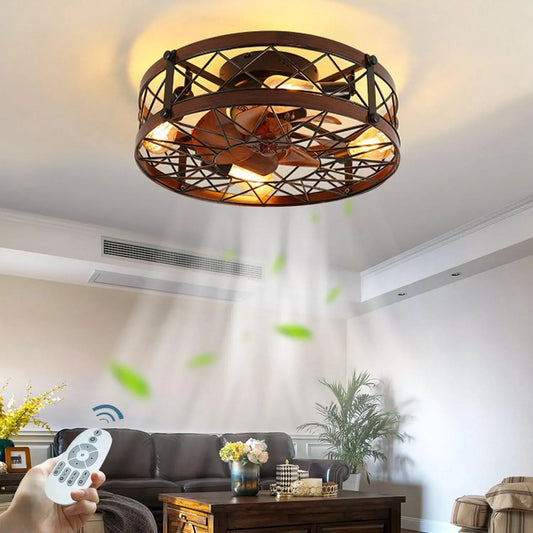 Ventilateur E26, 50 cm, industriel, décoration de salon, silencieux, Cage en Fer et Bois de 50 cm, Suspension silencieuse de Style Industriel